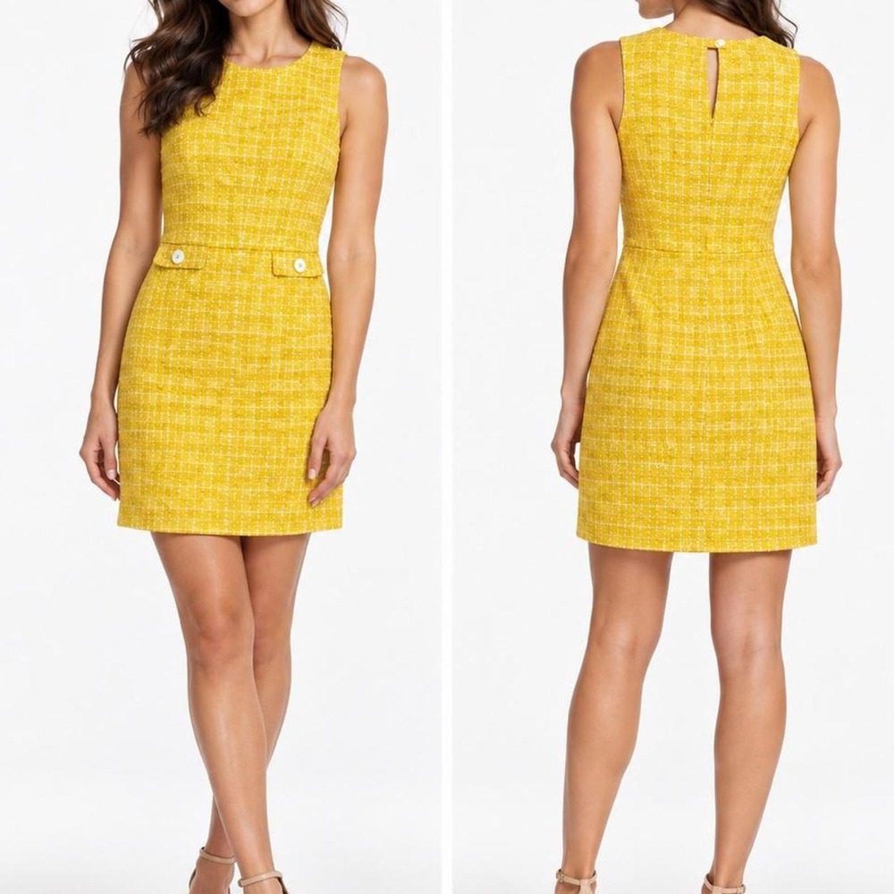 Brooks Brothers Womens Dress Sheath Sleeveless Yellow White Grid Tweed Size 8